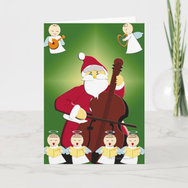 Tarjeta Festiva Pintura de Papá Noel que toca el violoncelo con (Anverso)