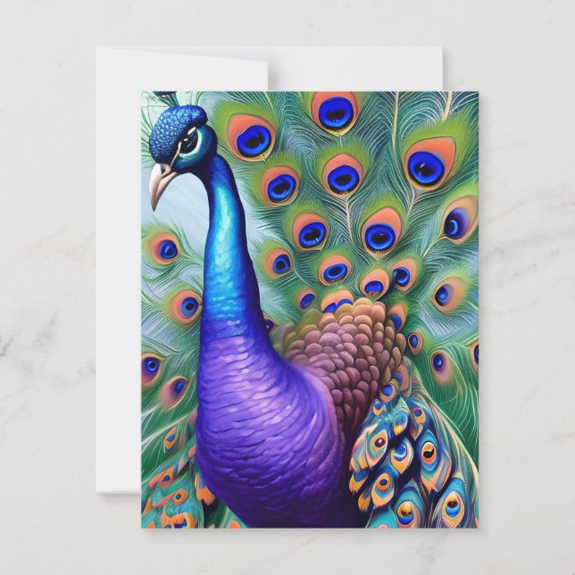 Tarjeta Festiva Pintura de petróleo de un caprichoso pavo real púr (Anverso)