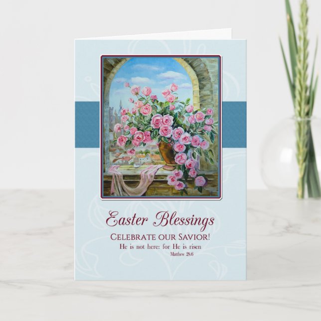 Tarjeta Festiva Pintura de Rosas en una ventana de Pascua Cristian (Anverso)