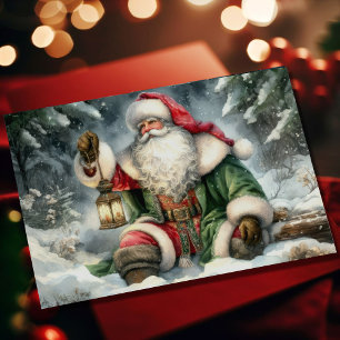 Tarjeta Festiva Pintura de Santa Claus en bosque nevado con acuare