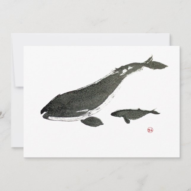 Tarjeta Festiva Pintura de tinta de mamás de ballena gris y de beb (Anverso)