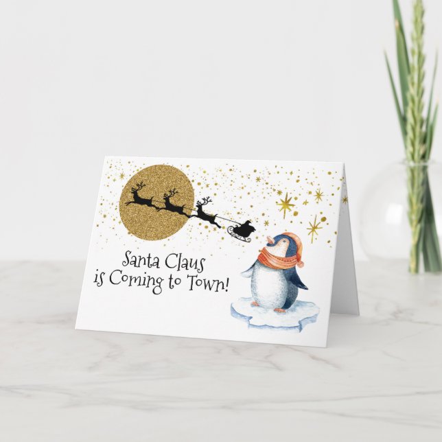 Tarjeta Festiva Pintura moderna del Penguin Santa Sleigh Gold (Anverso)