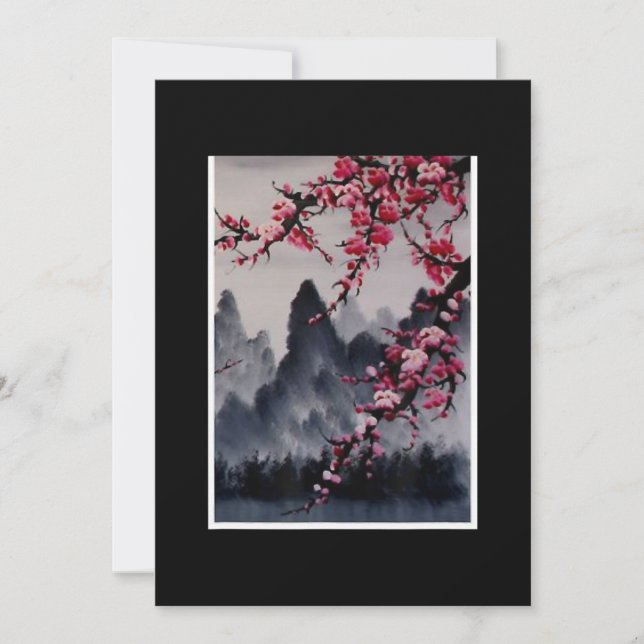 Tarjeta Festiva Pintura | Montaña de cerezos de arte japonés (Anverso)
