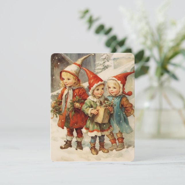 Tarjeta Festiva pintura navideña vintage con niños mágicos (Anverso de pie)