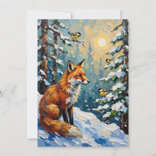 Tarjeta Festiva Pintura Navideña Zorro Rojo Antiguo y Carboneros