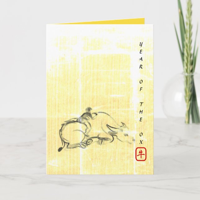 Tarjeta Festiva Pintura original Búfalo de Agua Niño Ox Año GC (Anverso)