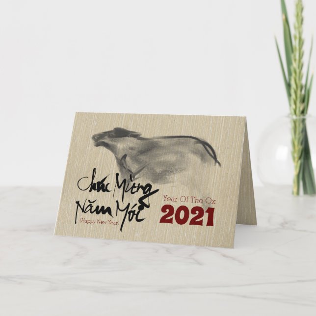 Tarjeta Festiva Pintura original OX Año nuevo vietnamita 2021 GC (Anverso)