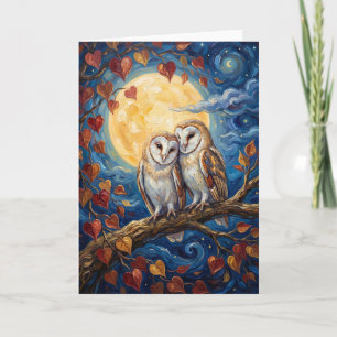 Tarjeta Festiva Pintura Romántica de Búhos bajo la Luz de la Luna