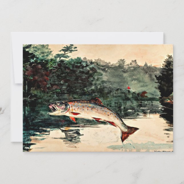 Tarjeta Festiva pintura Winslow Homer, trucha saltante, (Anverso)