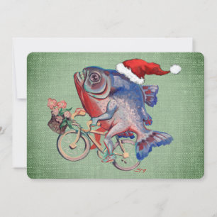 Tarjeta Festiva Piraña montando una bicicleta con sombrero de Sant