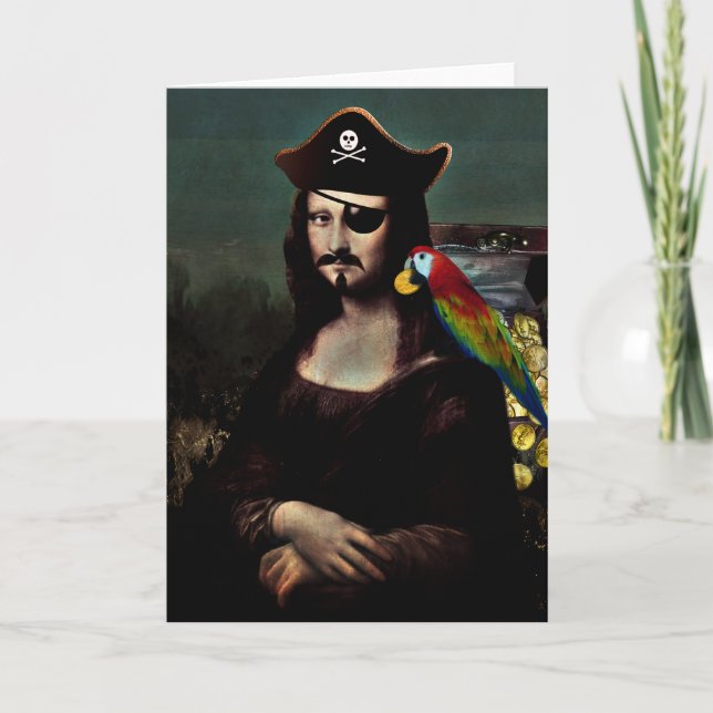 Tarjeta Festiva Pirata Mona Lisa con parche de ojos (Anverso)