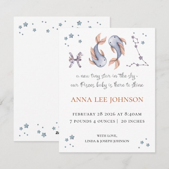 Tarjeta Festiva Pisces Zodiac Birth Announcement (Anverso / Reverso)
