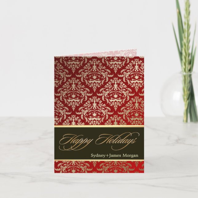 Tarjeta Festiva PixDezines Céline Damask, Faux Gold Happy Holidays (Anverso)