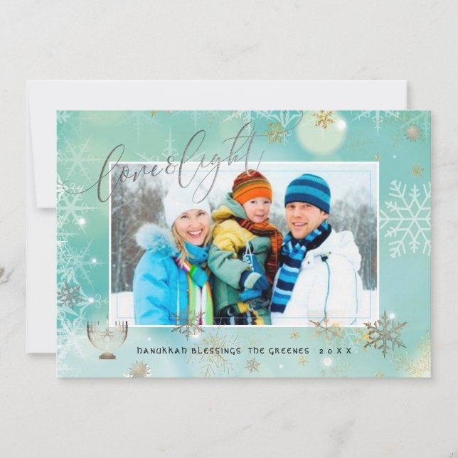 Tarjeta Festiva PixDezines Love+Light Hannukah/copos de nieve+Boke (Anverso)