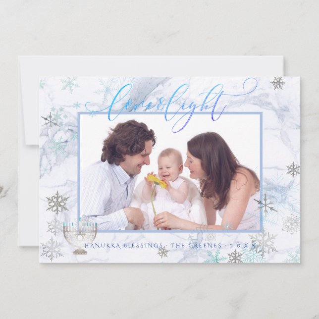 Tarjeta Festiva PixDezines Love+ Light Hanukkah Marble Snowflakes (Anverso)