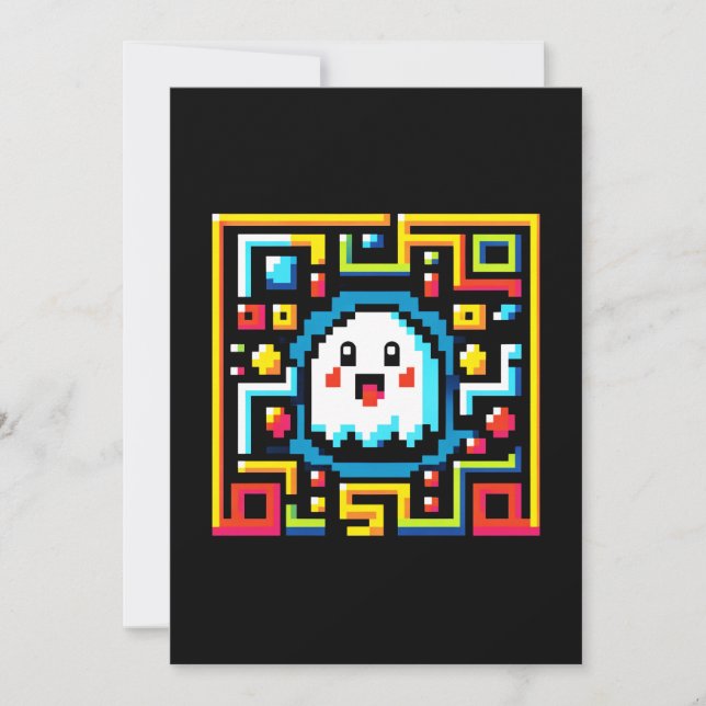 Tarjeta Festiva Pixel Ghost Maze - Juego Retro Inspirado en la Arc (Anverso)