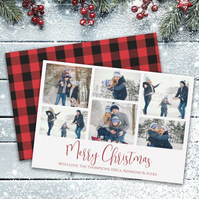 Tarjeta Festiva Placa de búfalo fotográfico Holiday Multi 6 para n (Merry Christmas red and black buffalo check multi-photo greeting card. )