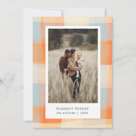 Tarjeta Festiva Plaid acuarela | Foto naranja crema azul claro