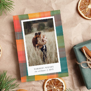 Tarjeta Festiva Plaid Acuarela Foto Verde Naranja 2