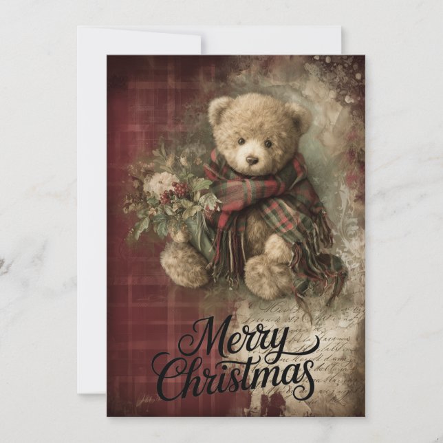 Tarjeta Festiva Plaid Bear & Holly Wishes (Anverso)
