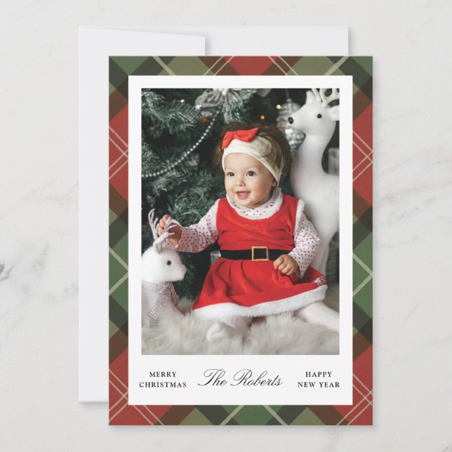 Tarjeta Festiva Plaid Border Christmas and New Year Photo Card (Anverso)
