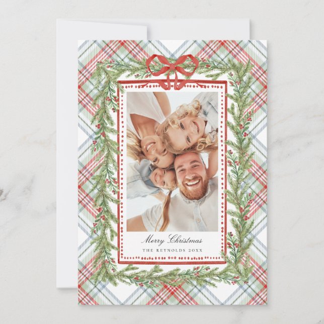 Tarjeta Festiva Plaid Bow Family Photo Christmas Holiday  (Anverso)