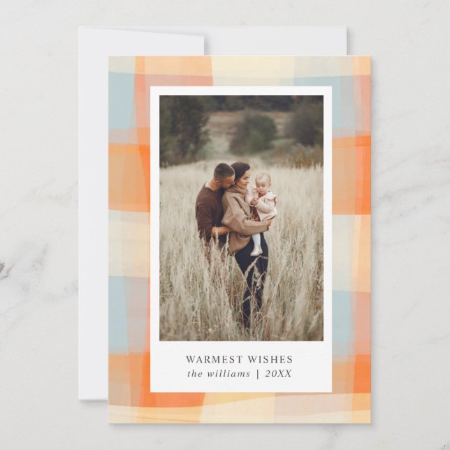 Tarjeta Festiva Plaid de acuarela | Foto naranja crema azul claro (Anverso)
