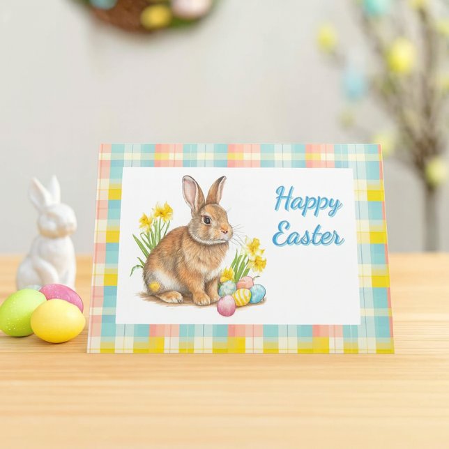 Tarjeta Festiva Plaid de Pascua de primavera (cheerful spring plaid Easter card with bunny rabbit and inside message. )