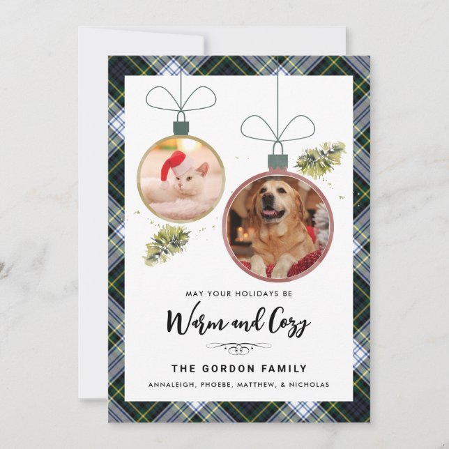 Tarjeta Festiva Plaid Family Christmas 2 Pet Photos Gordon Tartan (Anverso)