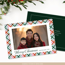 Plaid Family Photo Modern Merry Christmas Card
