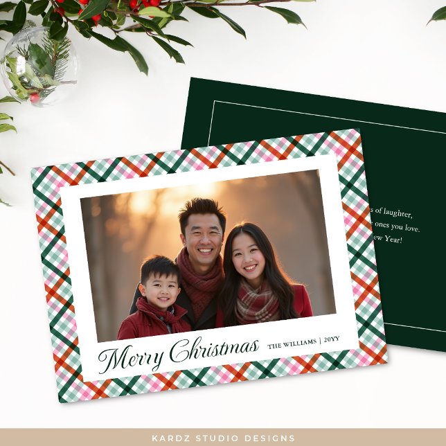 Tarjeta Festiva Plaid Family Photo Modern Merry Christmas Card (Card is shown in 5 x 7 inches. Personalize message, name and photo. Choose paper style.)