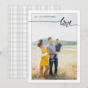 Tarjeta Festiva Plaid LOVE Minúscula escritura gris vertical tarje