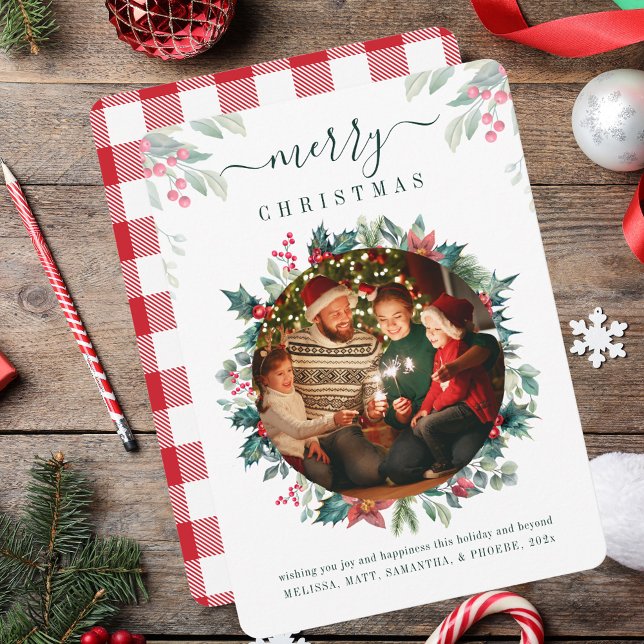 Tarjeta Festiva Plaid Merry Christmas Family Photo Botanical (Plaid Merry Christmas Family Photo Botanical Holiday Card)