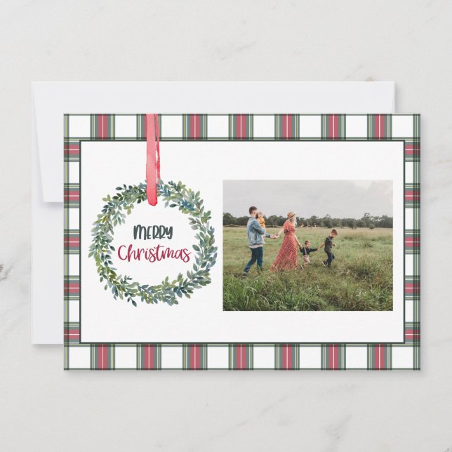 Tarjeta Festiva Plaid Personalized Photo Merry Christmas Card (Anverso)