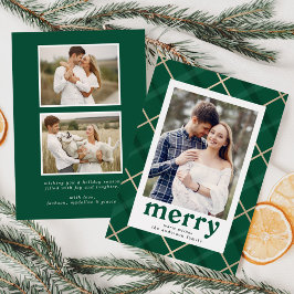 Tarjeta Festiva Plaid Pintado de Verde y Dorado 3 Fotos