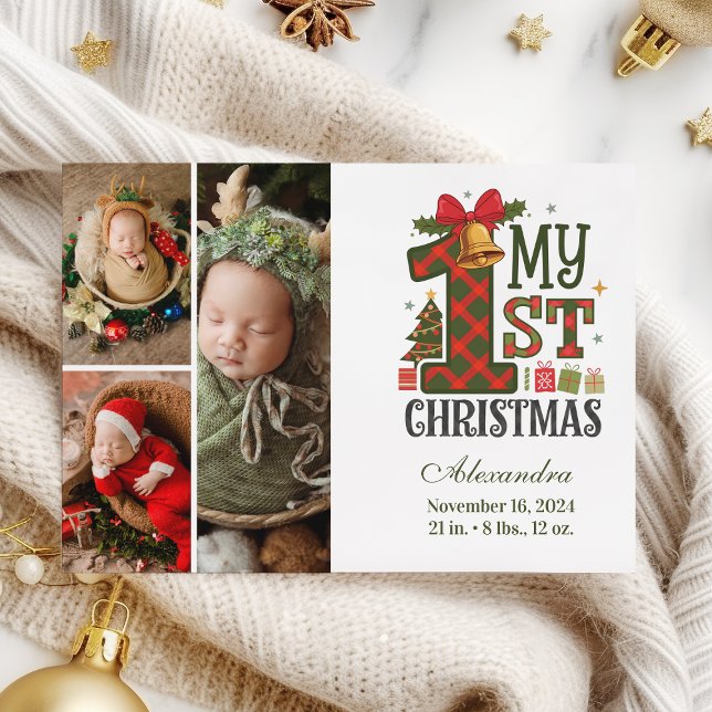 Tarjeta Festiva Plaid Rustic 3 Photo First Christmas (Subido por el creador)