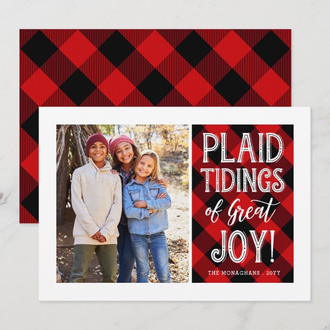 Tarjeta Festiva Plaid Tidings | Rojo | Foto (Anverso / Reverso)
