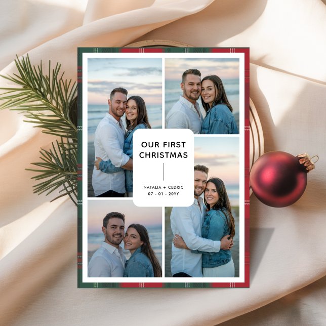 Tarjeta Festiva Plaid Typography Our First Christmas Newlywed (Subido por el creador)