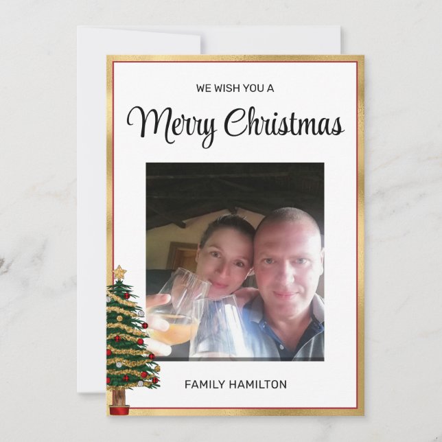 Tarjeta Festiva Plana de fotos de Navidades de marcos rojos y dora (Anverso)