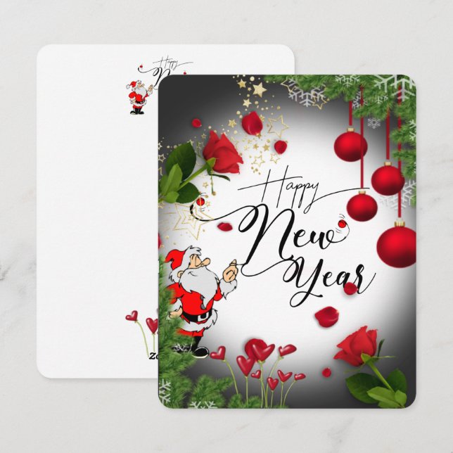Tarjeta festiva plana para año nuevo  con rosas (Anverso / Reverso)