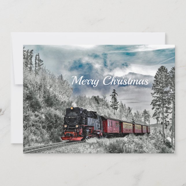 Tarjeta Festiva Plano de Navidades fotográficos de nieve en tren (Anverso)