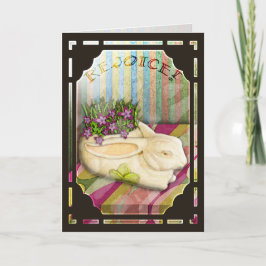 Tarjeta Festiva Plantador del conejito de pascua en ventana de la