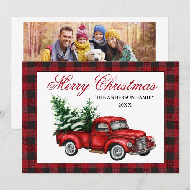 Tarjeta Festiva Plantan Navidades fotográficos de camionetas rojas (Anverso / Reverso)