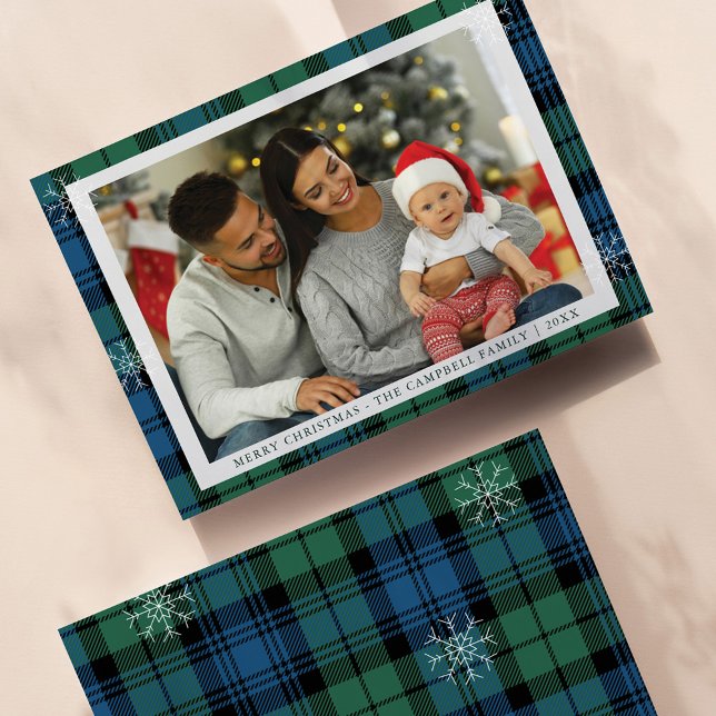 Tarjeta Festiva Plantar copos de nieve foto familiar Campbell Tart (Plaid Campbell Tartan Family Photo Greetings Card)