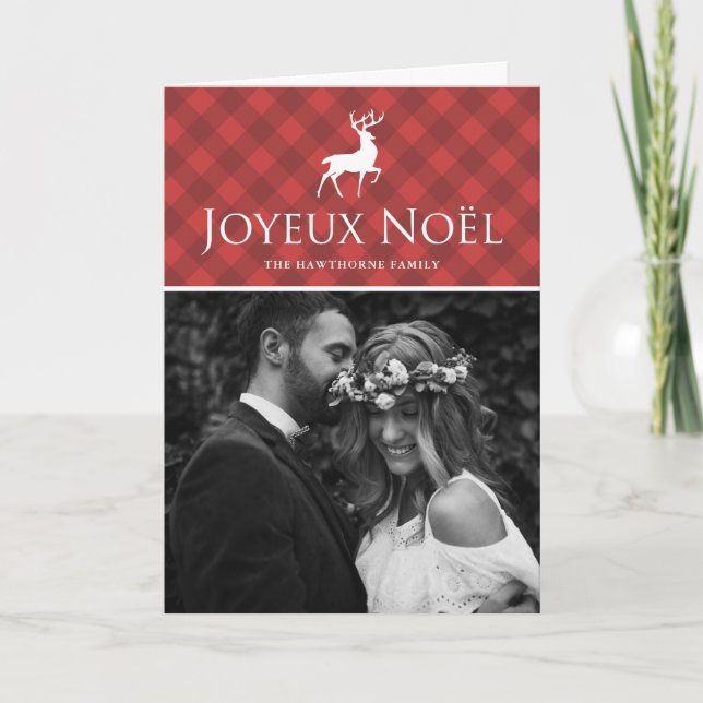 Tarjeta Festiva Plata roja clásica con foto de Deer Joyeux Noël (Anverso)