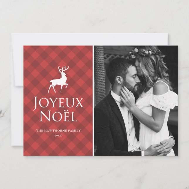 Tarjeta Festiva Plata roja clásica con foto de Deer Joyeux Noël (Anverso)