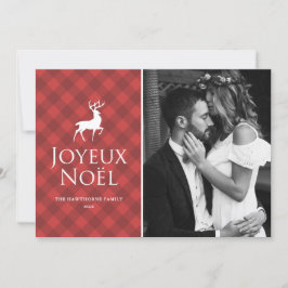Tarjeta Festiva Plata roja clásica con foto de Deer Joyeux Noël