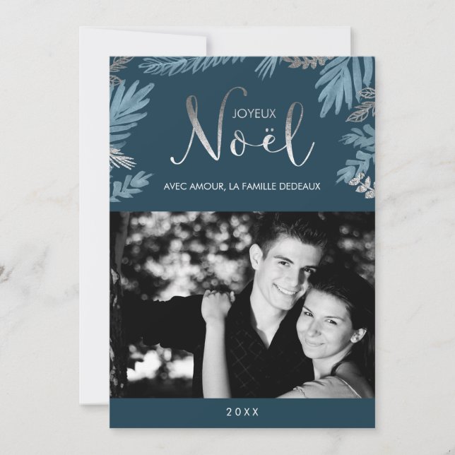 Tarjeta Festiva Plata y foto de Joyeux Noël de las hojas del azul (Anverso)