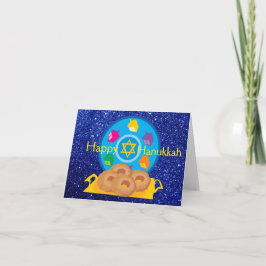 Tarjeta Festiva Plato de Hanukkah con Dreidels Brillo Falso Azul