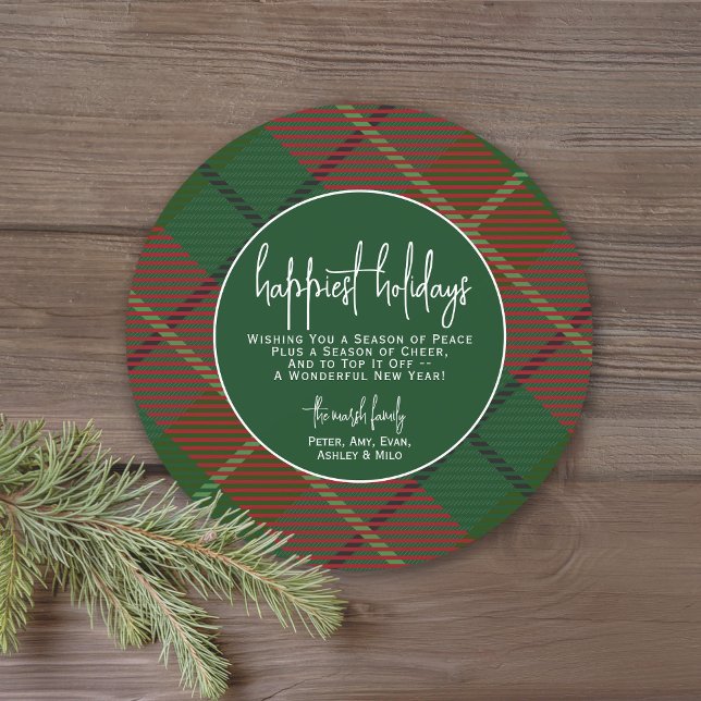 Tarjeta Festiva Plato rojo verde clásico - Feliz (A classic plaid pattern with a modern holiday greeting. Christmas card without any photos.)